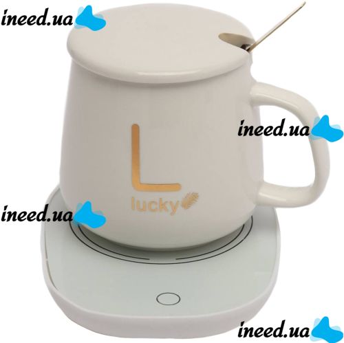 Подарочный набор керамическая кружка с крышкой и подставкой с подогревом Coffee Cup Lucky 400мл, Блюдце чашка и подогреватель для чашки с ложкой