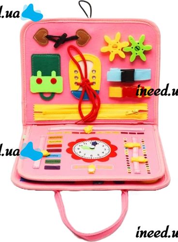 Developmental sensorimotor board Lesko 5462 Pink bisiboard for learning and development of babies, Montessori handbag developing motor skills and sensorics of children