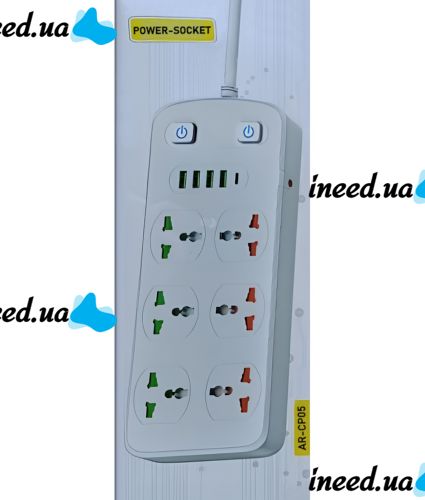 Сетевой фильтр Power Socket AR-CP05 2500W на 6 розеток 4 USB 1 Type-C 2 м удлинитель переноска с выключателем для подключения приборов к сети Белый