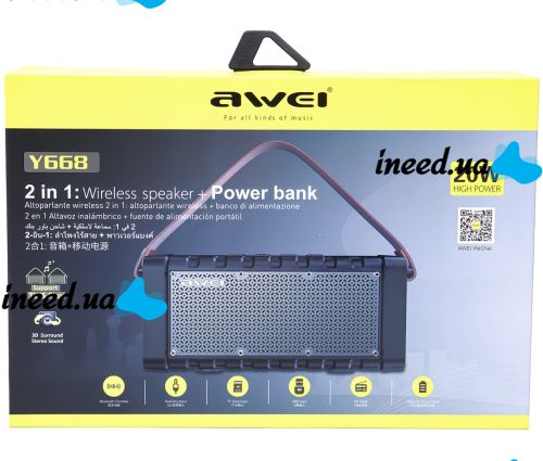 Портативная Bluetooth колонка Awei Y668 с PowerBank беспроводная аккумуляторная стерео акустика, минидинамик с ручкой и повербанком FM MP3 AUX TF USB