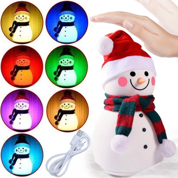 Children's Table Night Light Snowman Snowman Silicone LED RGB Lamp, Wireless Christmas LED Lamp 7 Modes on USB Battery