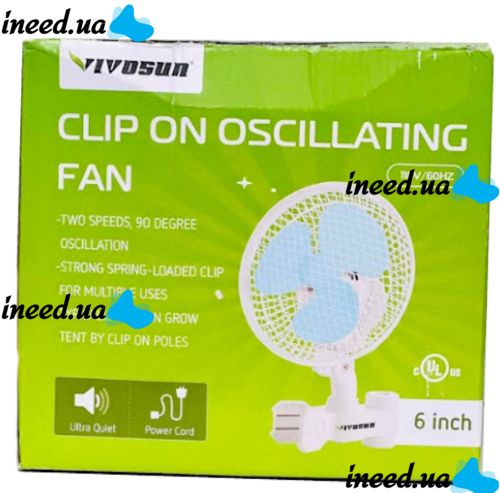 Переносной вращающийся вентилятор Vivosun Fan HY-180 20W с прищепкой для трубы 2 скорости, Мини-вентилятор на клипсе для обдува растений HY180 Белый