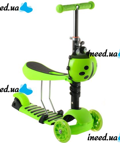 Трехколесный детский самокат беговел Scooter FYS-2864 Green 5 в 1 со складным сиденьем, родительской ручкой и светящимися колесами для детей Зеленый