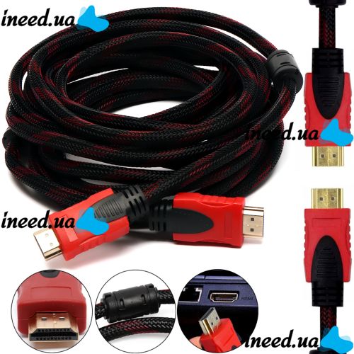 Посилений кабель Hdmi to Hdmi 15м 1080p в обмотці, кабель-подовжувач HDMI-HDMI 15m 15 m 15 м 15 м для монітора і телевізора в обплетенні Чорно Червоний