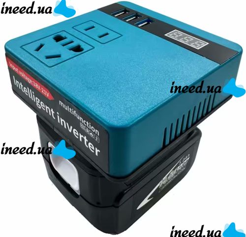 Повышающий аккумуляторный преобразователь Makita 18V-21V в 220V, Инвертор напряжения 18-21В в 220В 3USB 2 розетки от аккумуляторной батареи Синий