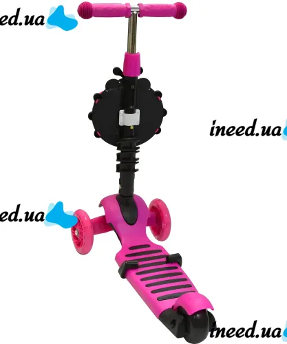 Трехколесный детский самокат беговел Scooter FYS-2864 Pink 5 в 1 со складным сиденьем, родительской ручкой и светящимися колесами для детей Розовый