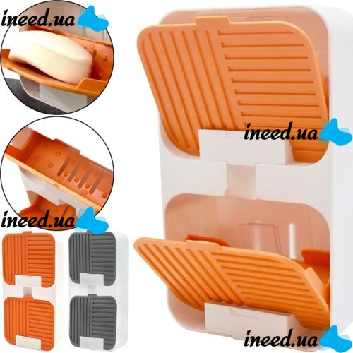 Настенный органайзер для мыла Flip Lid Drain Soap Box на 2 отсека с откидными крышками, Двойная навесная мыльница со сливом на стену в ванную