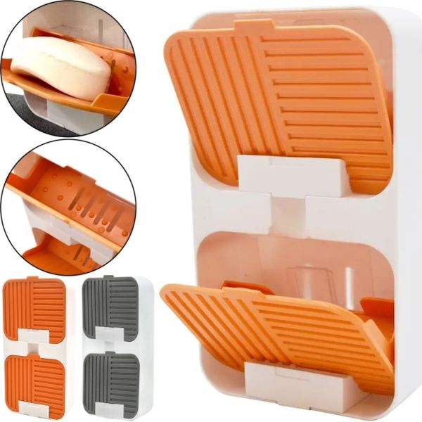 Wall-mounted Soap Organizer Flip Lid Drain Soap Box with 2 compartments with hinged lids, Double Hinged soap Dish with drain to the bathroom wall