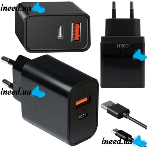 Сетевое зарядное устройство Fast Charge USB Type-C UKC PD-889 Black блок питания на 2 порта, адаптер зарядка для телефона смартфона Android Черный