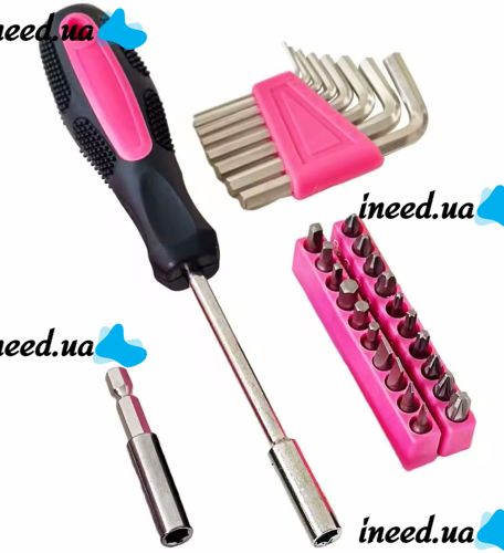 Женский набор инструментов Apollo Tools DT9706P 39 предметов, Универсальный комплект инструмента молоток отвертки плоскогубцы ножницы биты Розовый