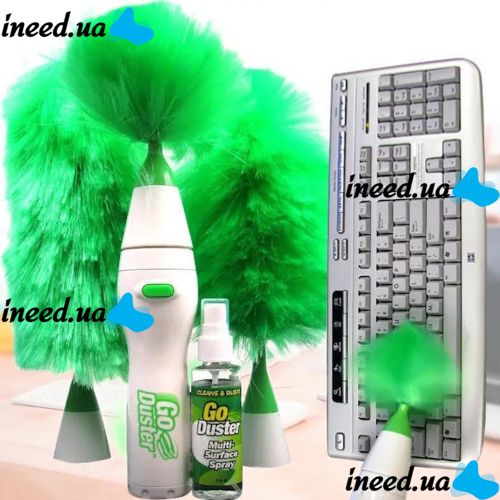 Вращающаяся электрощетка Go Duster для удаления пыли 3 насадки Щетка метелка для профессиональной уборки на батарейках с насадками Гоу Дастер Зеленая