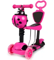 Трехколесный детский самокат беговел Scooter FYS-2864 Pink 5 в 1 со складным сиденьем, родительской ручкой и светящимися колесами для детей Розовый