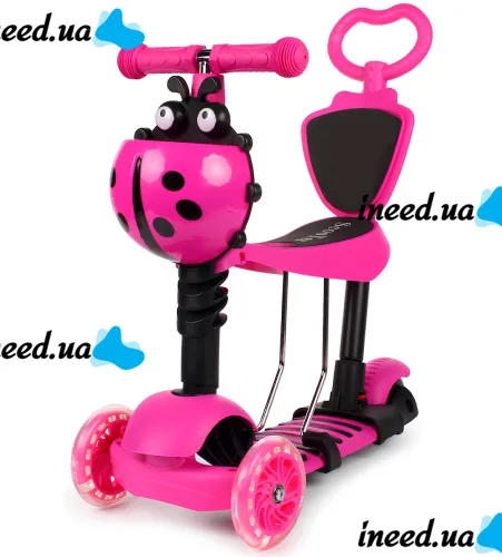 Трехколесный детский самокат беговел Scooter FYS-2864 Pink 5 в 1 со складным сиденьем, родительской ручкой и светящимися колесами для детей Розовый