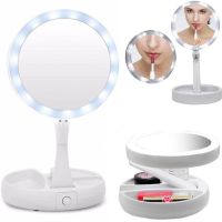 Desktop Round Cosmetic Mirror with LED Backlight My Fold Away For Makeup , Folding Magnifying 10x Mirror Transformer with Organizer