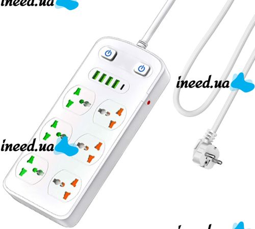 Сетевой фильтр Power Socket AR-CP05 2500W на 6 розеток 4 USB 1 Type-C 2 м удлинитель переноска с выключателем для подключения приборов к сети Белый