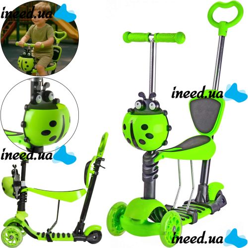 Трехколесный детский самокат беговел Scooter FYS-2864 Green 5 в 1 со складным сиденьем, родительской ручкой и светящимися колесами для детей Зеленый