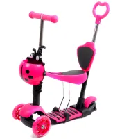 Трехколесный детский самокат беговел Scooter FYS-2864 Pink 5 в 1 со складным сиденьем, родительской ручкой и светящимися колесами для детей Розовый