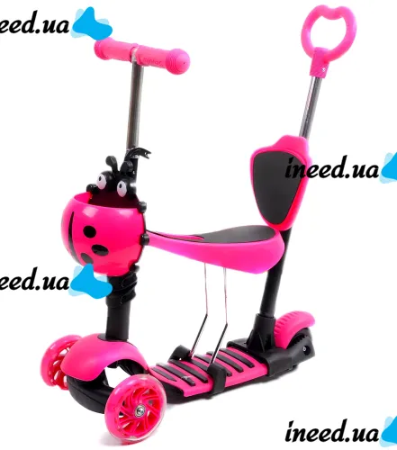 Трехколесный детский самокат беговел Scooter FYS-2864 Pink 5 в 1 со складным сиденьем, родительской ручкой и светящимися колесами для детей Розовый