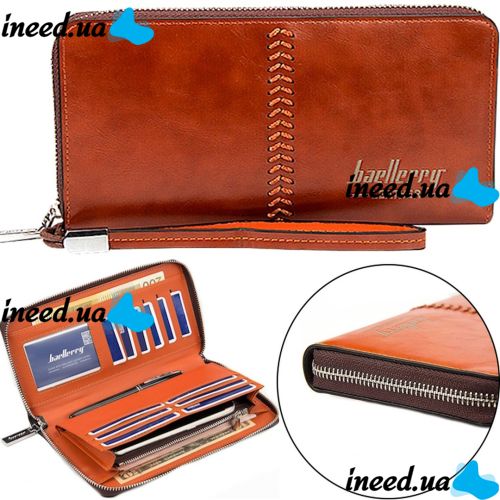 Мужской кошелек клатч Baellerry Leather Model 1 W009 Orange с отделением для телефона, Мужское портмоне на 21 отделений для купюр Оранжевый
