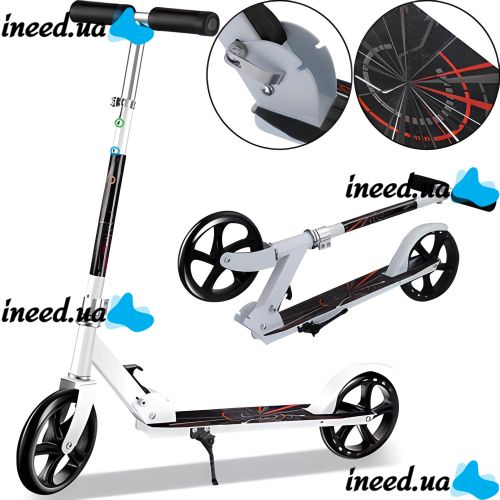 Двухколёсный складной самокат Scooter 888 BT-3 белый с подножкой и регулировкой высоты для подростков 110 кг, Городской прямой самокат колеса 200мм