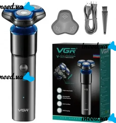 Мужская аккумуляторная электробритва VGR V-325 для влажного и сухого бритья, Беспроводная водонепроницаемая бритва с тремя плавающими головками IPX5