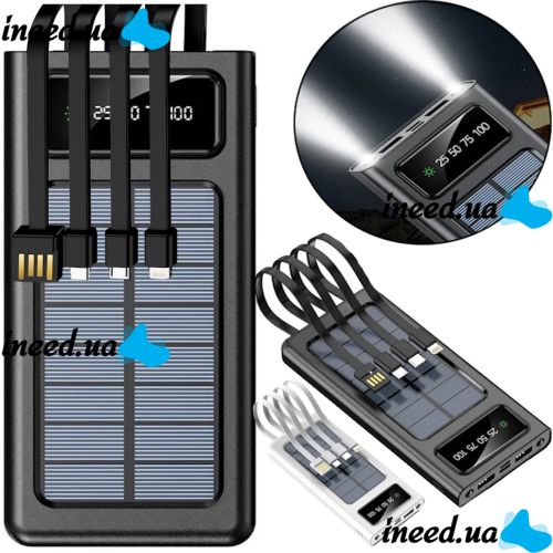 Зарядное устройство Power bank YM-485 Solar 10000 mAh c набором кабелей 4в1 Внешний аккумулятор на солнечной батарее Type-C MicroUSB Lightning