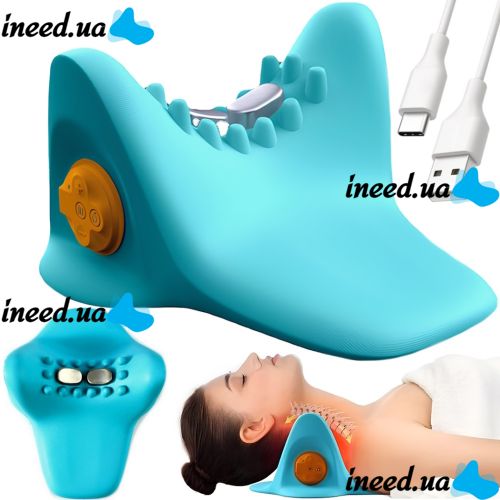 Массажная импульсная подушка подголовник Spin Pillow LY-471 вибрационный миостимулятор U-образной формы для расслабления мышц шеи и плеч Голубой