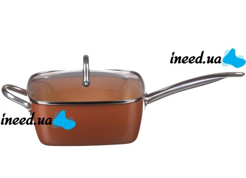 Универсальная сковорода Copper Cook Deep Square Pan Ampowar 24 см с фритюром и пароваркой с крышкой, Антипригарная сковородка фритюрница с дуршлагом