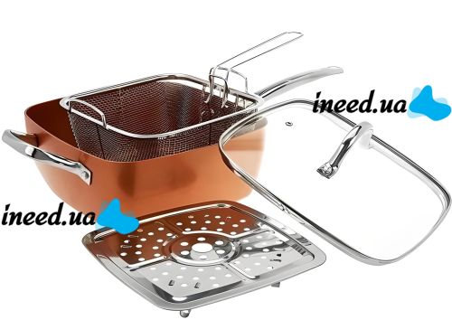 Универсальная сковорода Copper Cook Deep Square Pan Ampowar 24 см с фритюром и пароваркой с крышкой, Антипригарная сковородка фритюрница с дуршлагом