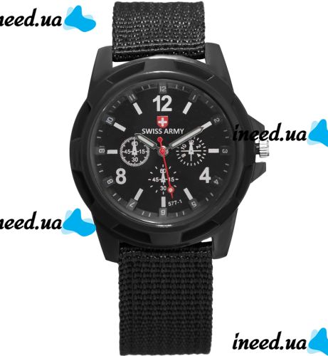 Мужские наручные армейские часы Swiss Army кварцевые часы Quartz на руку с ремешком из нейлона 29 см Черные