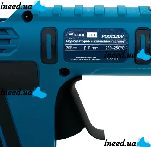 Аккумуляторный клеевой пистолет PROFI-TEC PGG1120V 20V беспроводной термопистолет для горячего силиконового клея 11 мм на 2 аккумулятора Синий