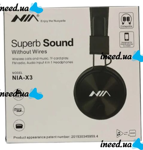 Беспроводные накладные Bluetooth наушники NIA X3 с МР3 плеером и FM Black, Полноразмерные блютуз стерео наушники с микрофоном и радио Черные