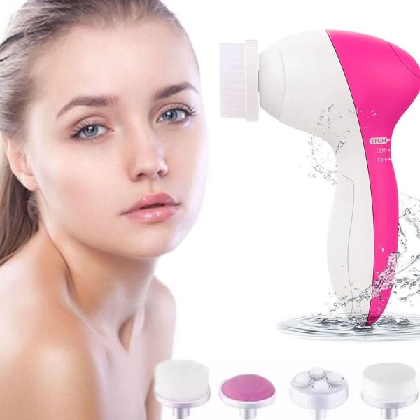 Электрический женский массажер для лица 5 в 1 Multifunction Face Cleaner AE-8782C 5 насадок, Массажная щетка со сменными насадками на батарейках