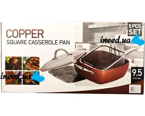 Универсальная сковорода Copper Cook Deep Square Pan Ampowar 24 см с фритюром и пароваркой с крышкой, Антипригарная сковородка фритюрница с дуршлагом