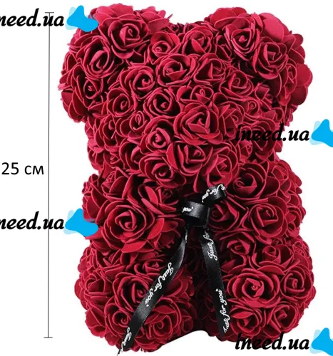 Маленький мишка из искусственных 3D роз Teddy Bear de Luxe 25 см Burgundy, бордовый медведь Тедди