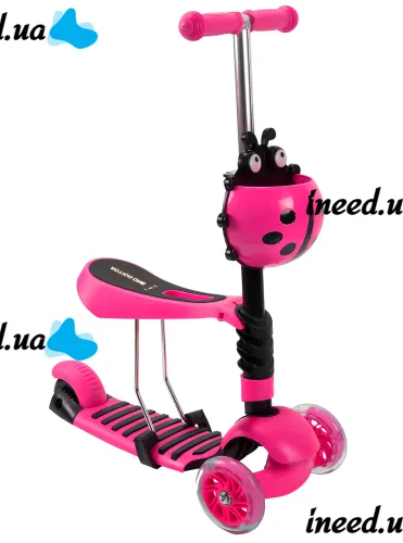 Трехколесный детский самокат беговел Scooter FYS-2864 Pink 5 в 1 со складным сиденьем, родительской ручкой и светящимися колесами для детей Розовый