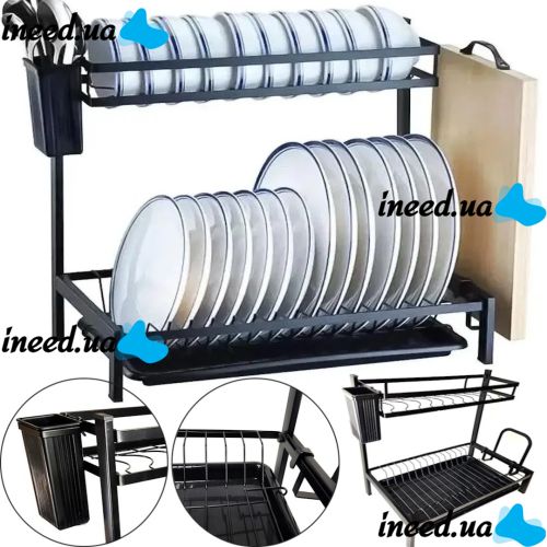 Металлическая двухъярусная сушилка органайзер Kitchen rack double deck MJ-4014 над раковиной, Стойка 2 яруса для сушки и хранения посуды с поддоном