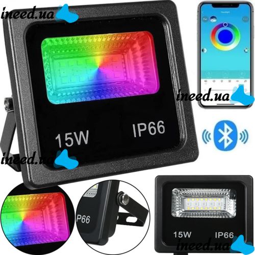 Уличный светодиодный прожектор RGB Flood LB-7980 Light с Bluetooth управлением от телефона, LED Фонарь 15W с монтажным креплением для освещения IP66 от сети