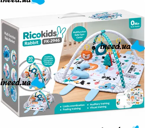 Детский развивающий коврик Ricokids Rabbit FK-2946 3в1 интерактивный манеж с мягкими бортиками, сухой бассейн с игрушками шариками для новорожденных