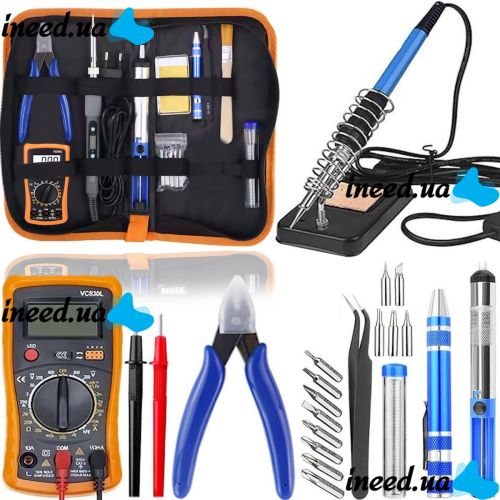 Набор инструментов для пайки Soldering kit 15 в 1 Паяльник Inspire KS908 с терморегулятором с мультиметром VC830L оловоотсосом и кусачками в чехле