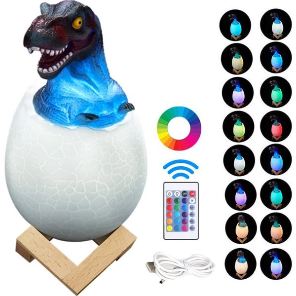 Детский настольный светильник Sunroz 3D dinosaur lamp, Детская аккумуляторная RGB лампа ночник динозавр в яйце на подставке 16 цветов с пультом ДУ