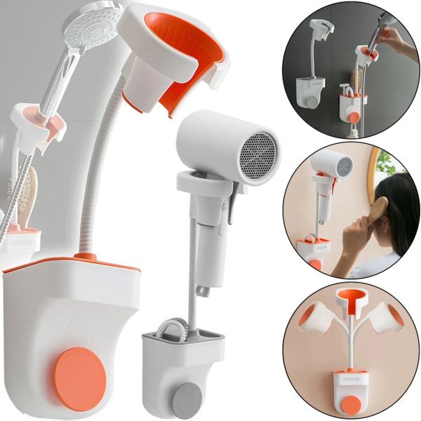 Wall Mounted Hair Dryer and Shower Holder Hair Dryer Holder Hands Free Hanging Rotating Mount Organizer with Stand for Bathroom Accessories