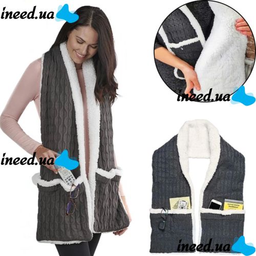 Зимняя двухсторонняя безрукавка шарф с карманами Huggle Pocket Scarf на флисе, Мягкий домашний плюшевый шарф жилетка на пуговицах Серый