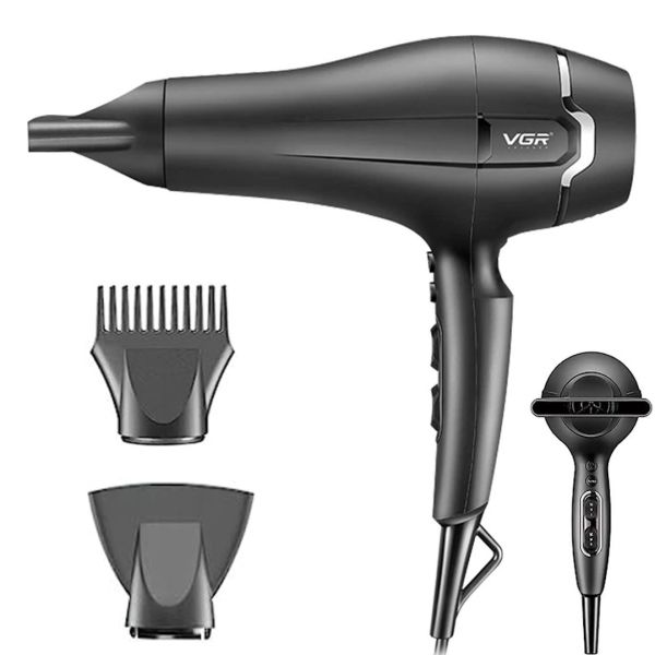 Professional Hair Dryer VGR V-450 for Drying and Styling Hair with 2 nozzles 2400W, Electric Hair Dryer with Cold Blowing and Turbo Mode Black