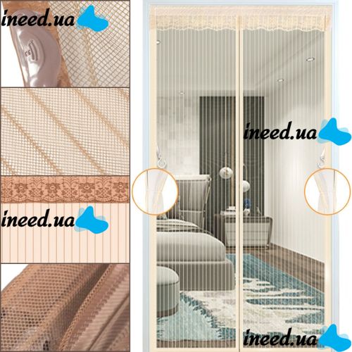 Антимоскитная сетка на магнитах Magic Mesh Beige 90Х210 см раздвижная магнитная москитная штора от насекомых комаров, мух на дверь Бежевая Меджик Меш