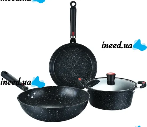 Кухонный набор посуды Longziwei WOK HH23-005 2 сковородки и казанок для приготовления еды 3в1, Казан и сковорода с антипригарным покрытием MAG-782