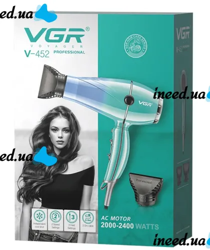 Профессиональный фен VGR V-452 для cушки и укладки волос с отрицательными ионами с 2 насадками 2400W, Электрический фен с холодным обдувом 