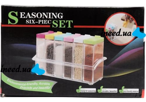 Набор контейнеров для специй Seasoning Six Piece Set 6 штук набор прозрачных емкостей, кухонный органайзер для хранения сыпучих приправ на подставке
