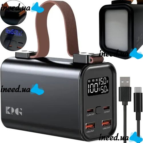 Портативное зарядное устройство Power Bank KP KG-300 30000 mAh 100W с фонариком, Внешний аккумулятор повербанк 30000мАч USB Type-C с ручкой Черный