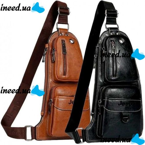 Мужская сумка рюкзак через плечо Jeep Bags 777 38х18 см нагрудная сумка бананка на грудь с отверстием для наушников из искусственной кожи Коричневая